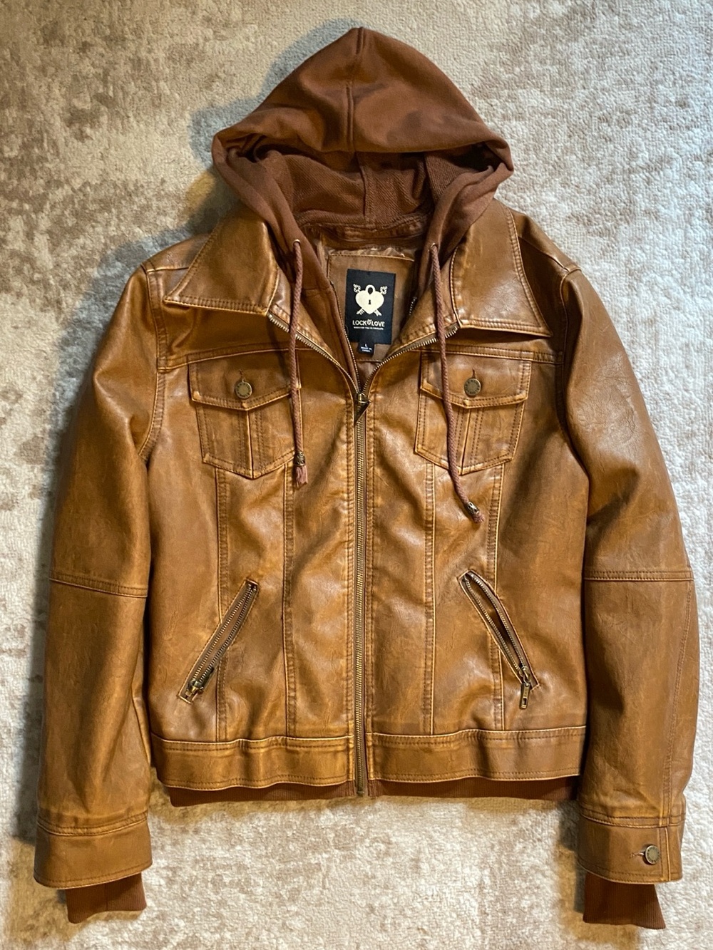 Warm Brown Hooded Faux-Leather Jacket